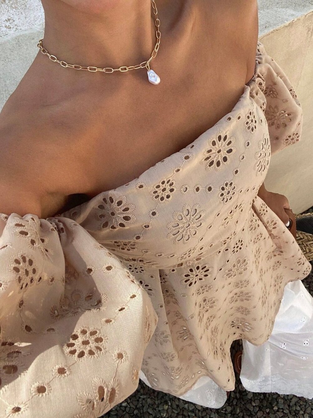 tan Casual Women's Off-Shoulder embroidered empire Waist Shirt